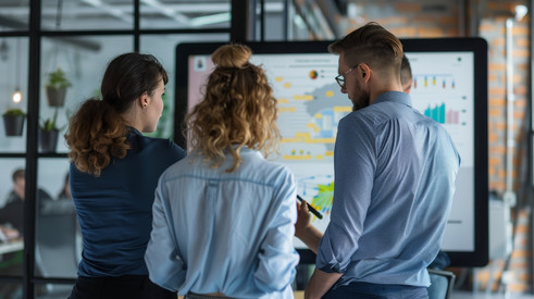 Digitalstrategie 2030 Menschen vor Smartboard planen eine Strategie