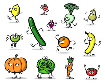 Lustiges Obst und Gemüse als Cartoon Set mit Armen und Beinen