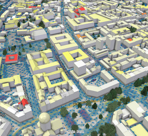 3D-Szene aus dem HydroZwilling Rheinland-Pfalz mit simuliertem Sturzflutabfluss in der Mainzer Innenstadt.