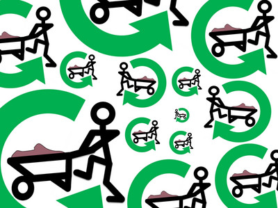 Die Abbildung zeigt das Emblem von Baustoffrecycling - Mensch mit Schubkarre