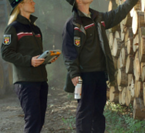 Förster beim vermessen und beschriften von Holzpoltern. Foto: Landesforsten RLP, Herrmann Dörre Förster beim vermessen und beschriften von Holzpoltern. Foto: Landesforsten RLP, Herrmann Dörre